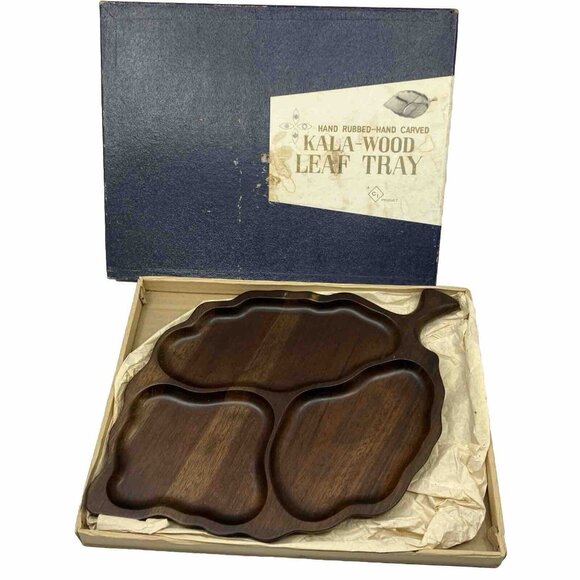 Vintage Kala Wood Hand Rubbed Carved 3 Section Leaf Tray MCM Mid Century Dark - Picture 1 of 10